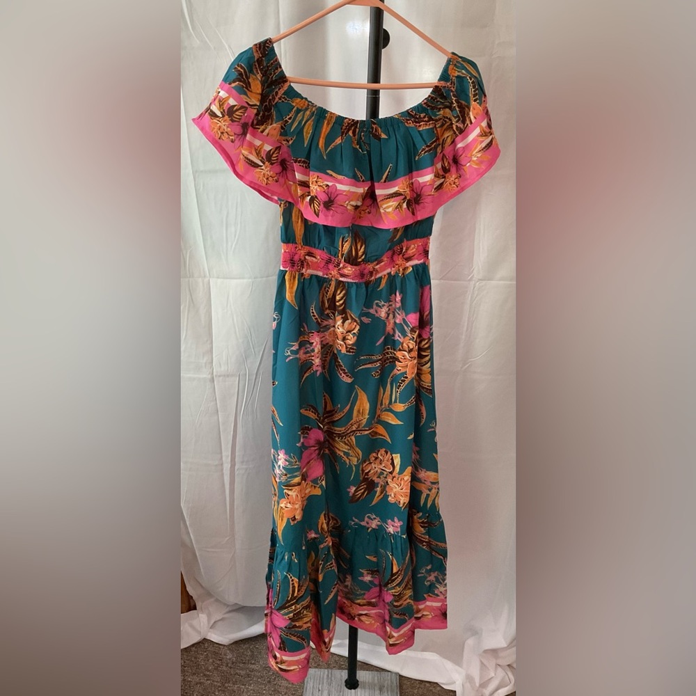 NWOT, Colleen Lopez Pink Off-Shoulder Flutter Sleeve Midi Dress